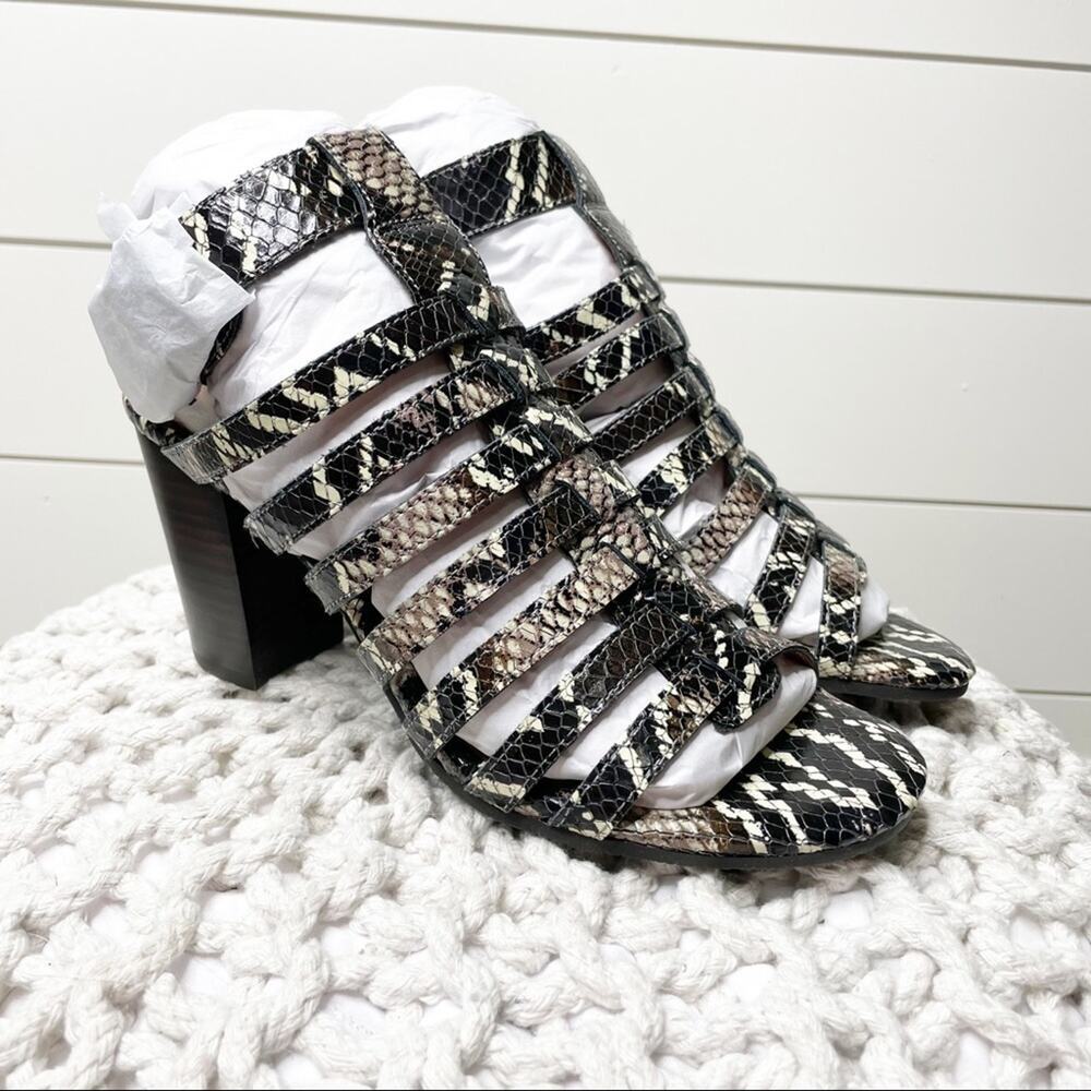 Vionic Multistrap Snake Print Block Heel Sandals - Black & Cream